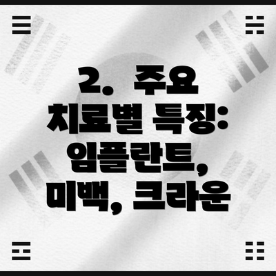 2.  주요 치료별 특징: 임플란트, 미백, 크라운